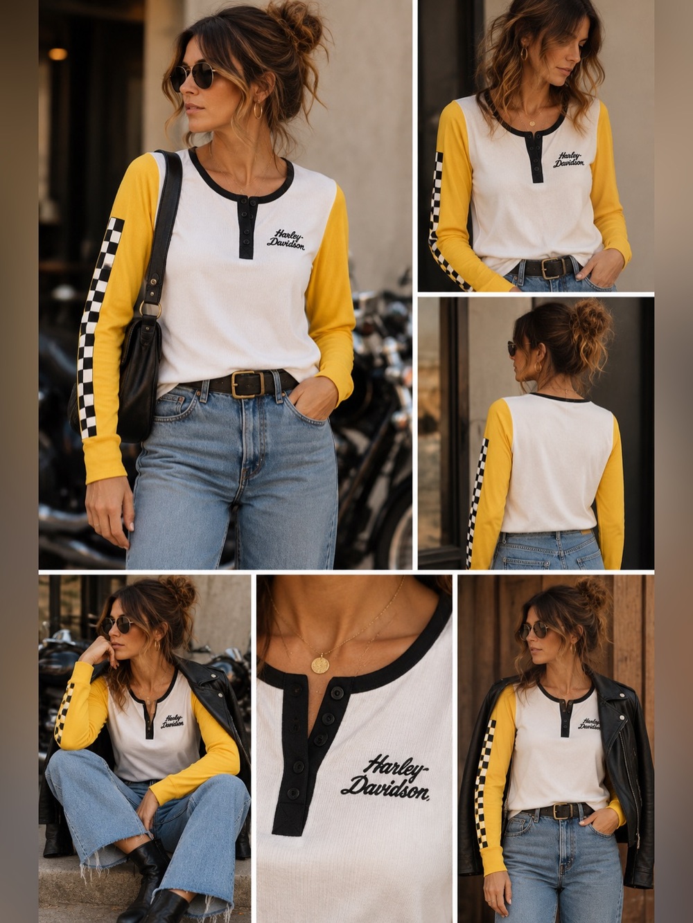Harley-Davidson Women's Rose Racer Mesh Henley Long Sleeve Shirt, White/Yellow